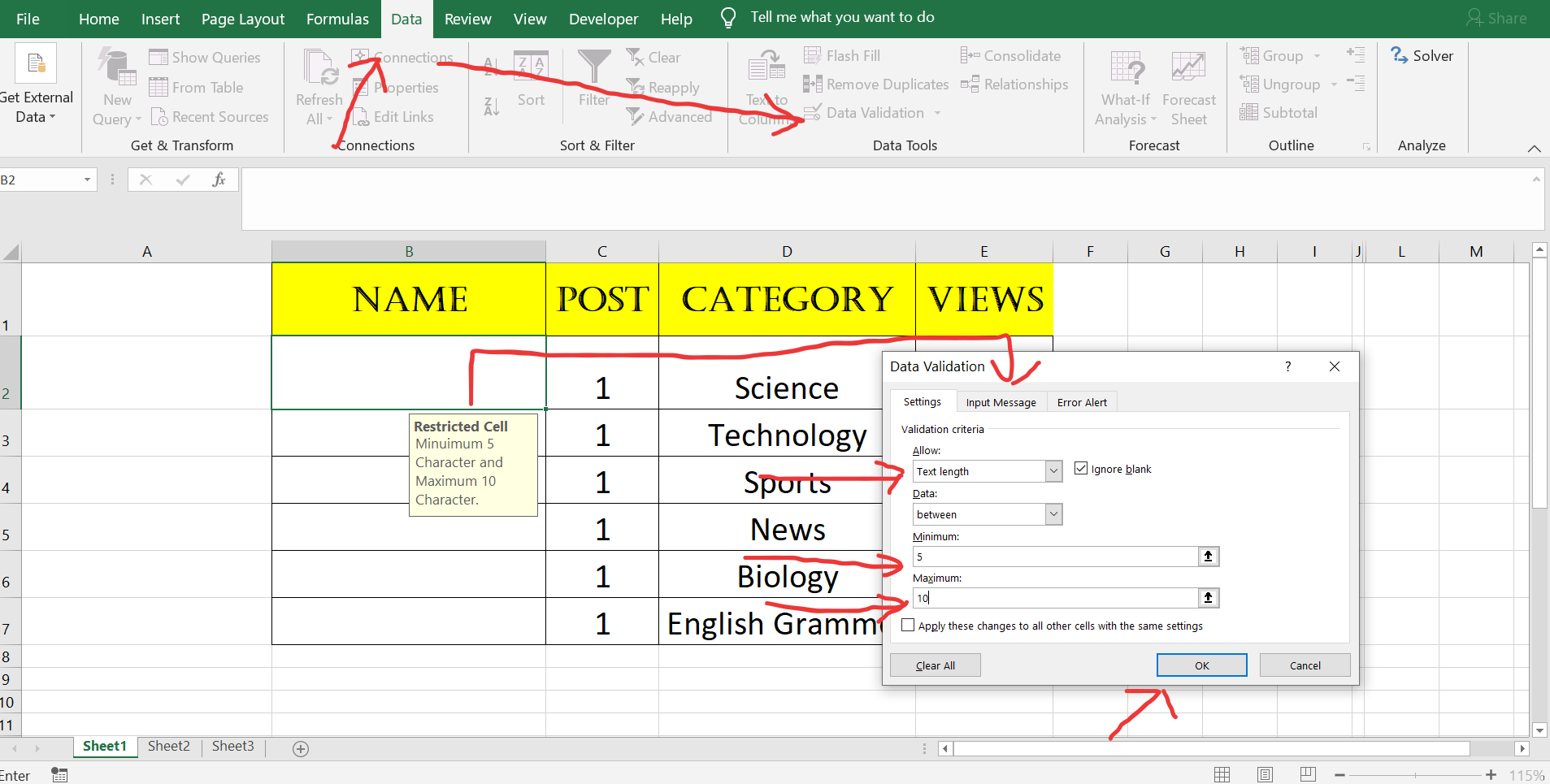 Excel Data Validation Text Size