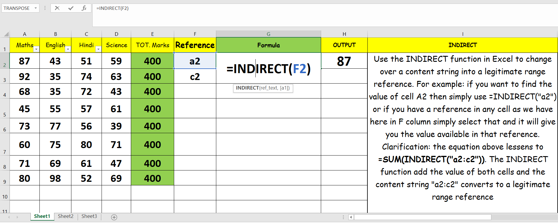 Excel Using Indirect Function Multiple Cells Single Worksheet