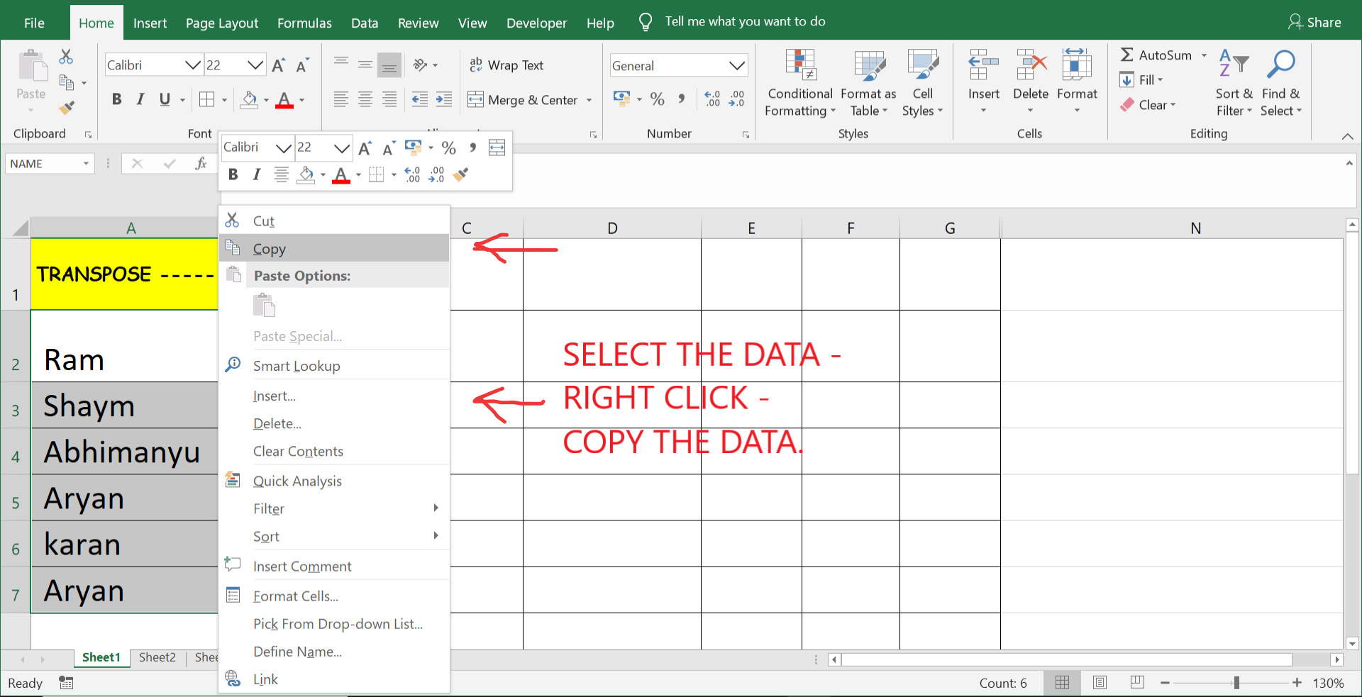 copy and transpose in excel