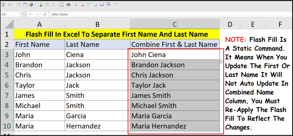 How to combine first and last name in Excel